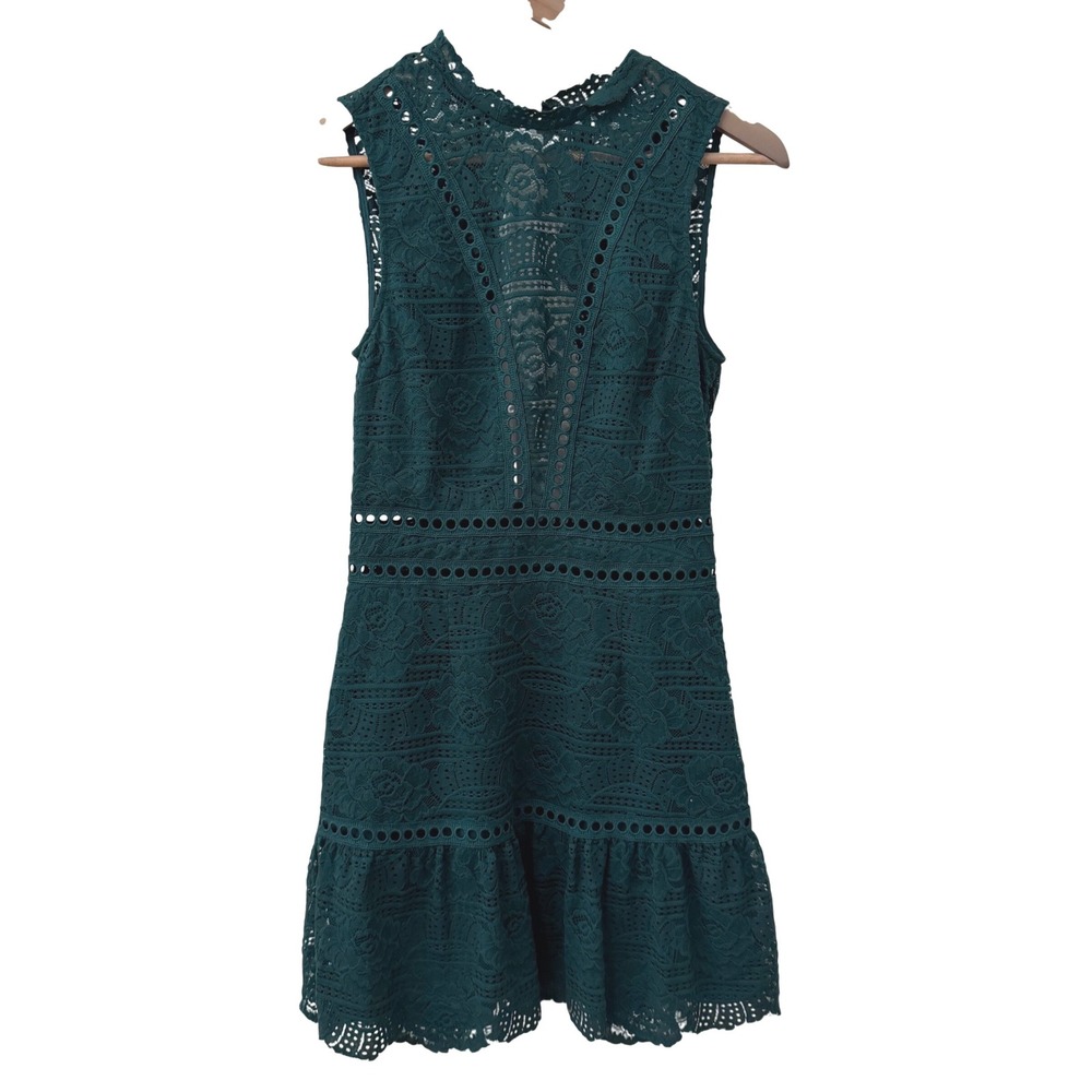 Saylor Lace Mini Dress S Emerald Green High Neck Sleeveless Ruffle Hem
